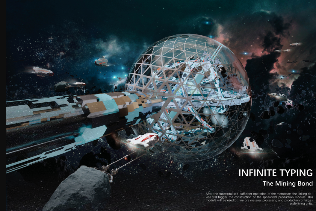 The Mining Bond connects asteroid extraction with spherical production modules for material processing.