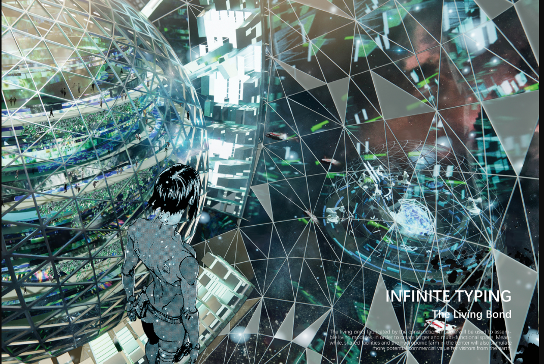 Interior view of the Living Bond showing shared facilities, hydroponic systems, and human life inside the space habitat.