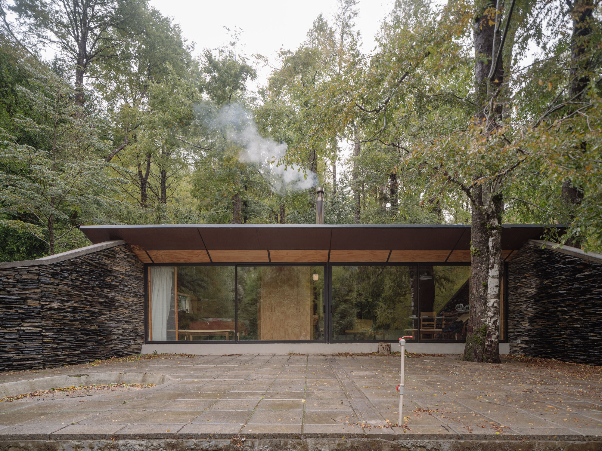 Front facade with layered stone walls, full-height glazing and stone paver terrace surrounded by autumn trees