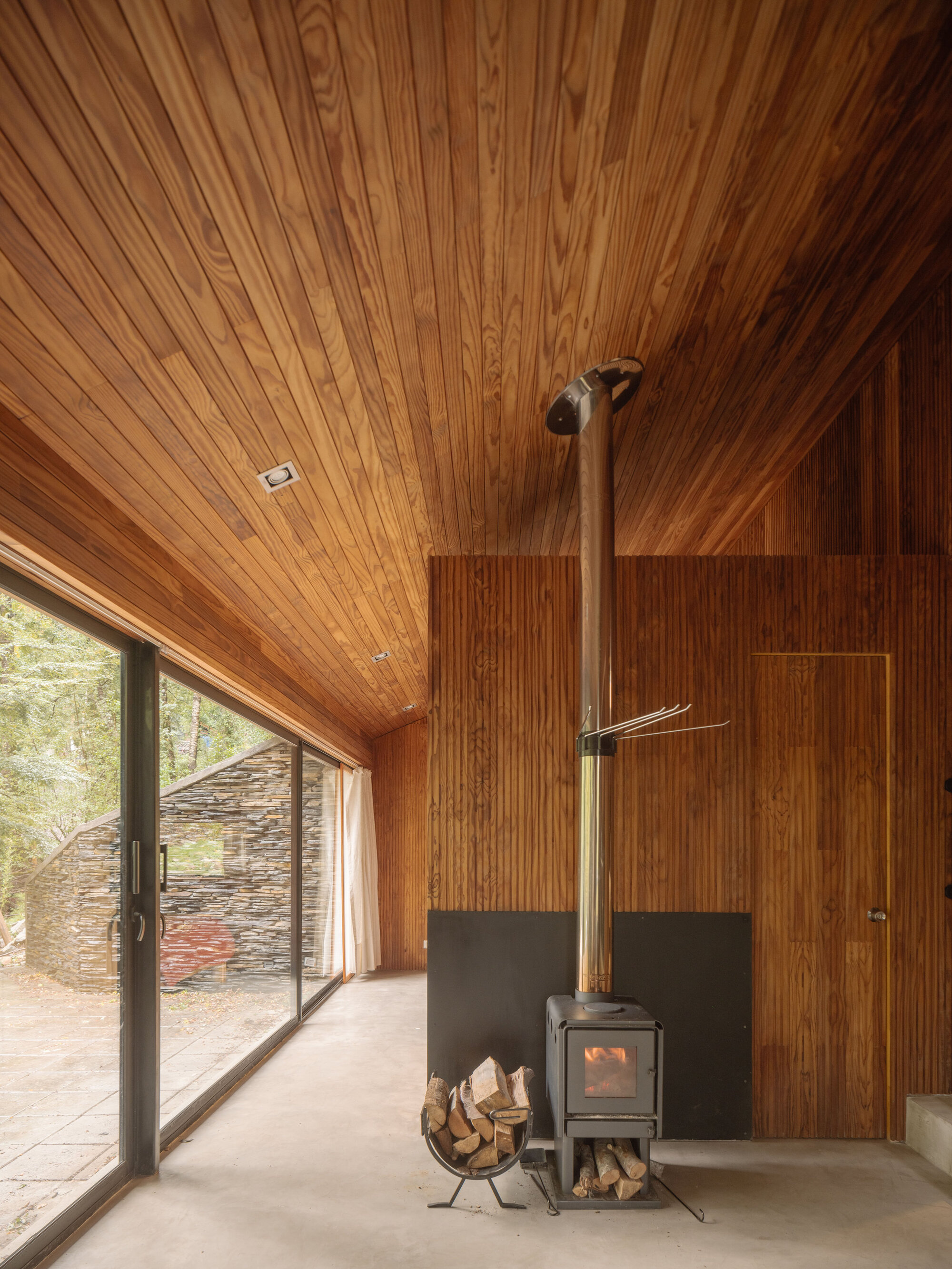 Interior with wood-paneled ceiling and walls, freestanding woodstove and glazed door overlooking the forest