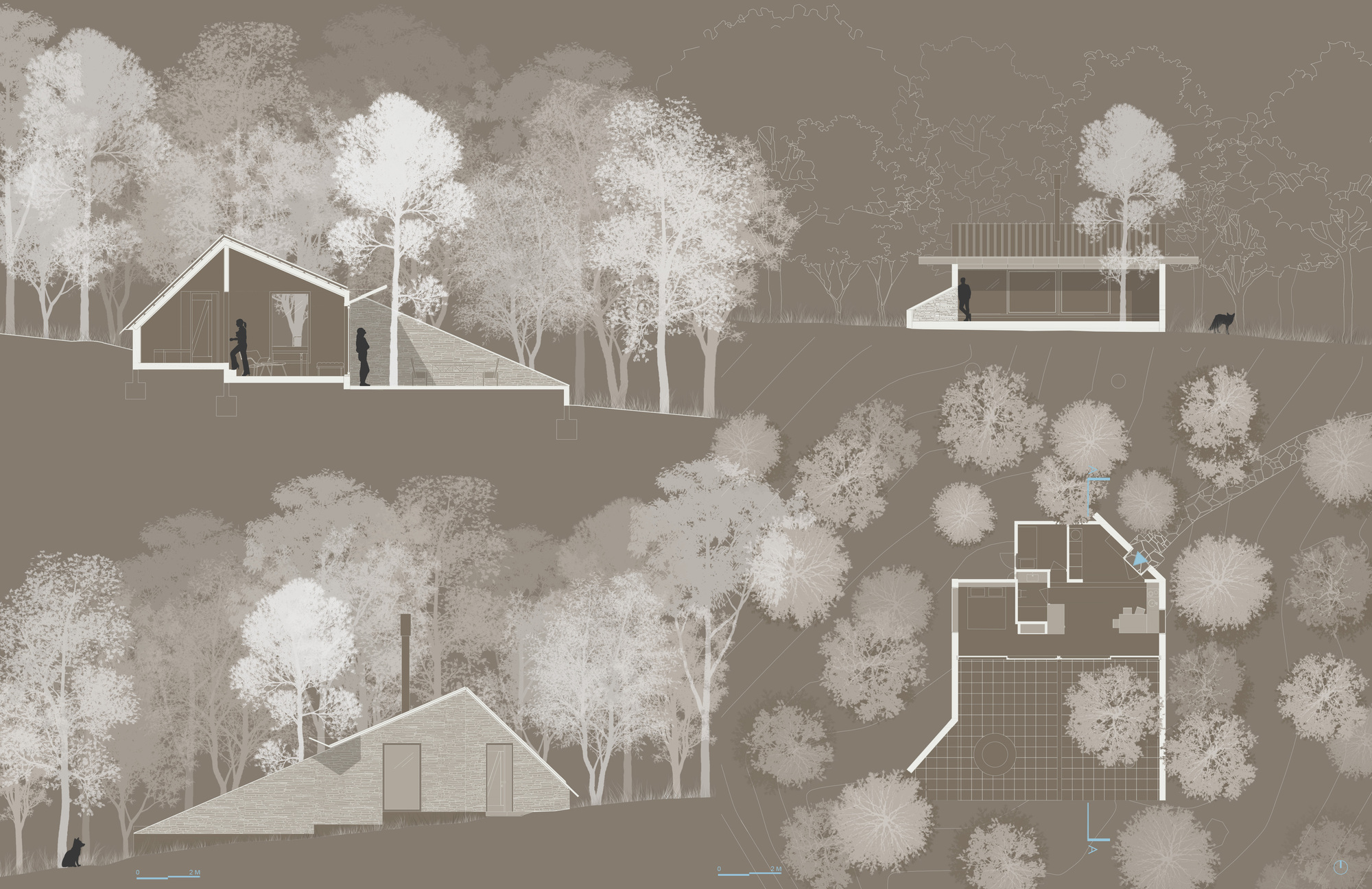 Section and plan drawings showing two gabled volumes nestled into a sloping wooded site with figures
