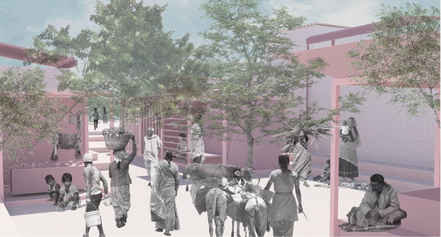 Shaded green corridors integrate daily life, local exchange, and water-responsive public space within the existing urban fabric.