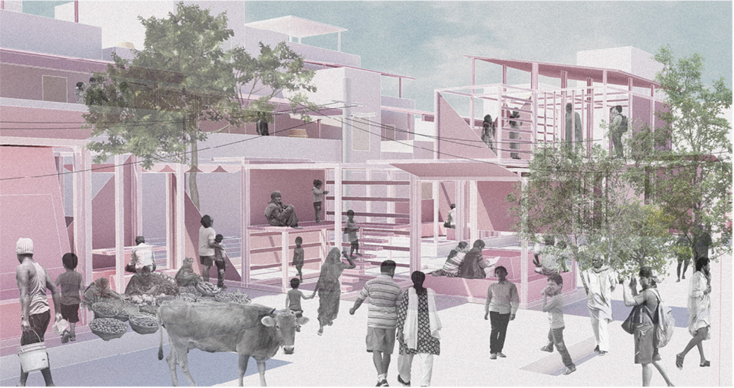 Lightweight parasitic structures create flexible spaces for markets, gathering, play, and community interaction.