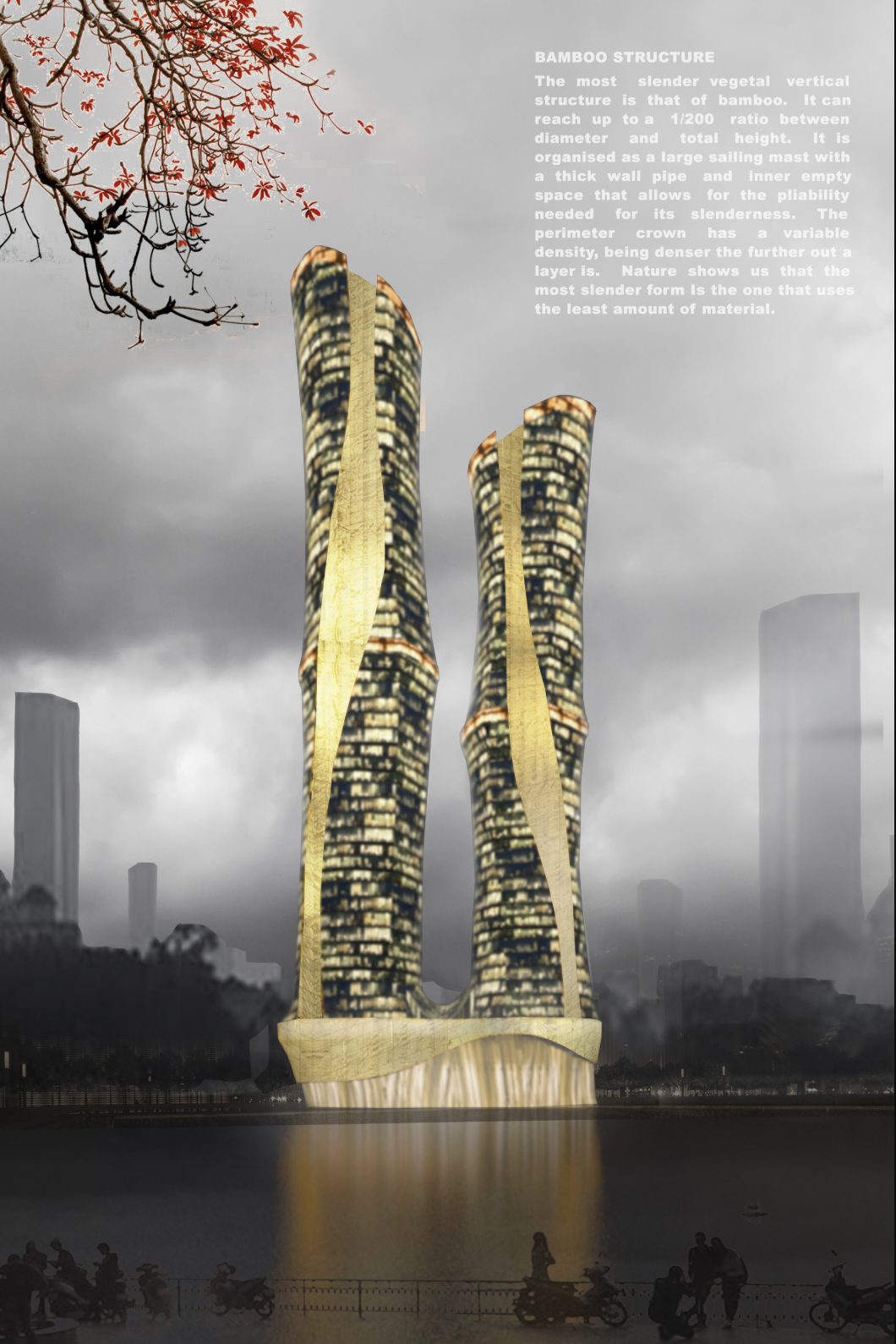 Bamboo-inspired twin towers rise as a luminous landmark on Hanoi’s waterfront.