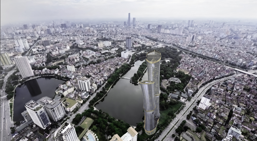 Aerial view showing the tower’s strategic location within Hanoi’s dense urban landscape.