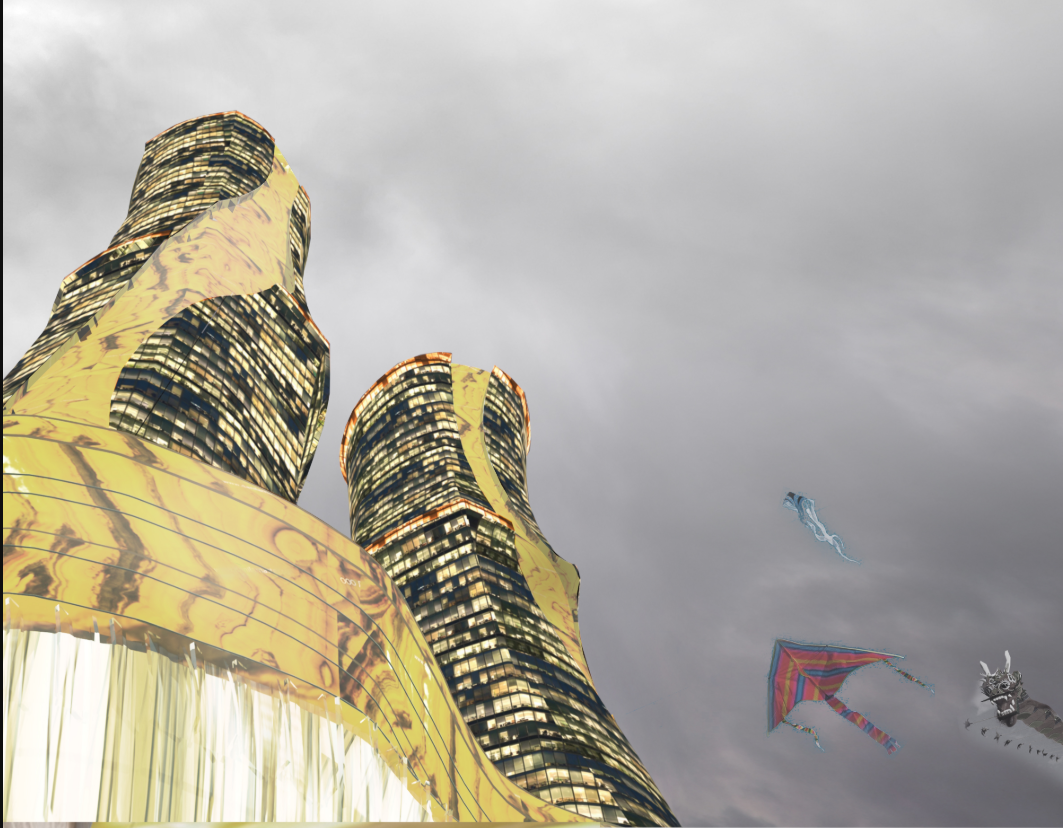 Golden structural ribbons wrap the curved towers, creating a dynamic biomimetic silhouette.