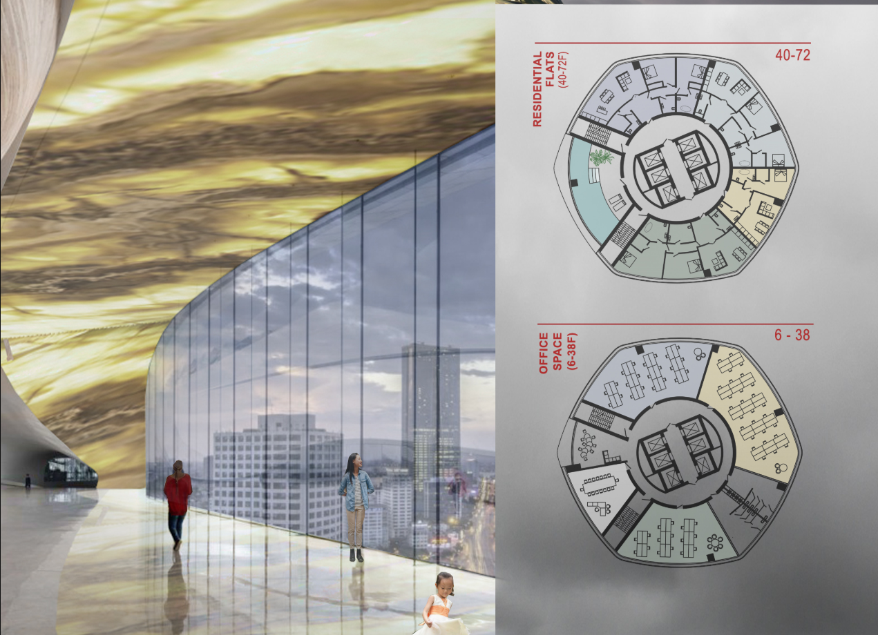Curved interiors and efficient floor plans support flexible office and residential spaces.