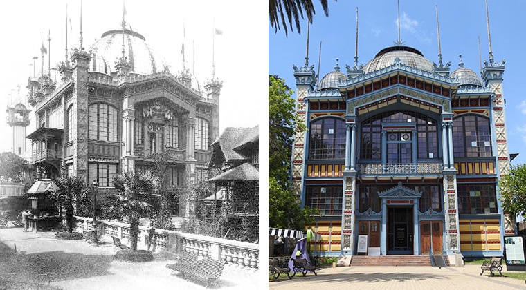 Side-by-side comparison of historic photograph and contemporary view showing the facade and entrance plaza