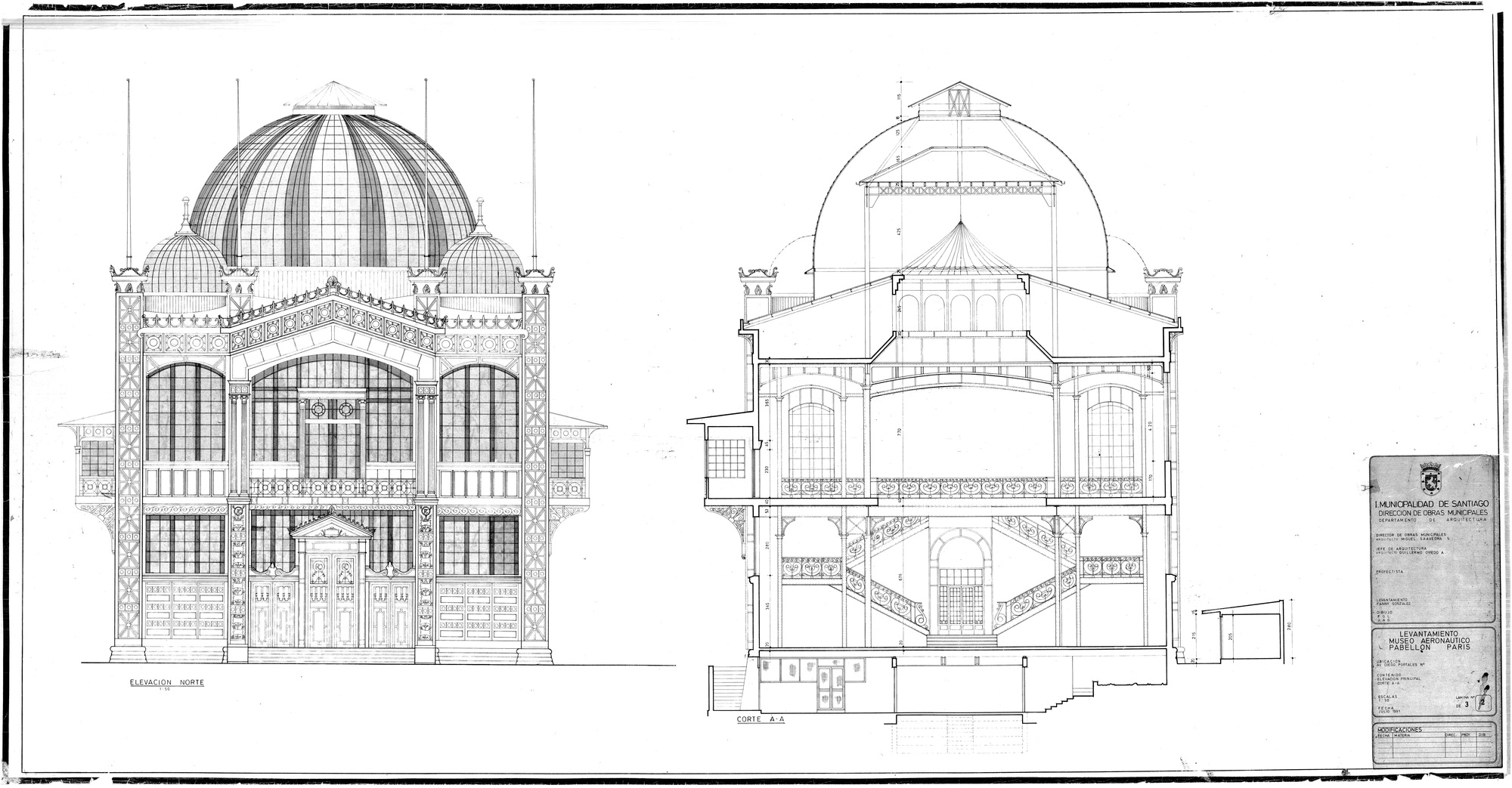 Elevation and section drawings depicting the domed structure, facade articulation and interior spatial organization