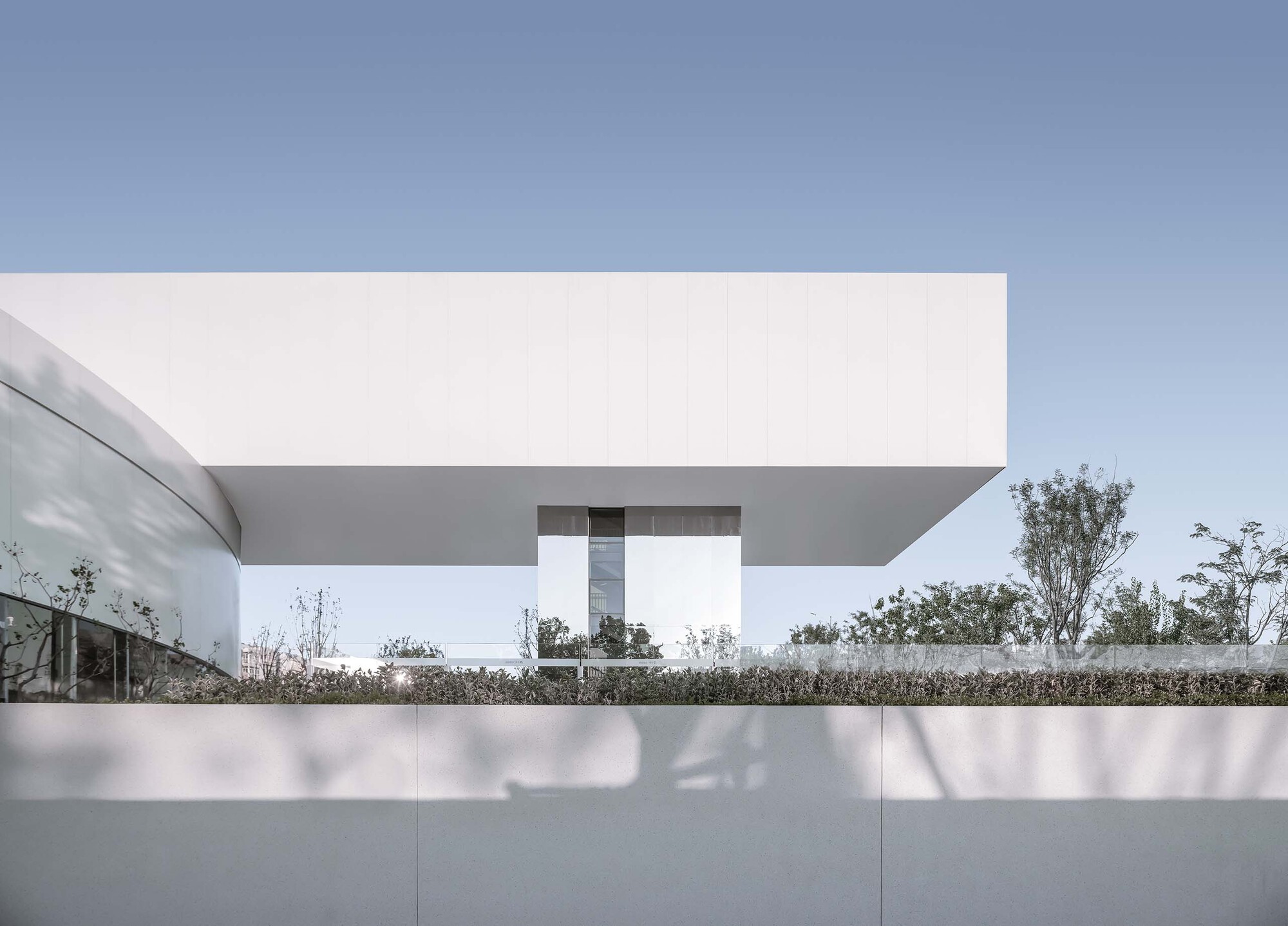 Cantilevered upper volume above courtyard with planted beds and young trees in afternoon light