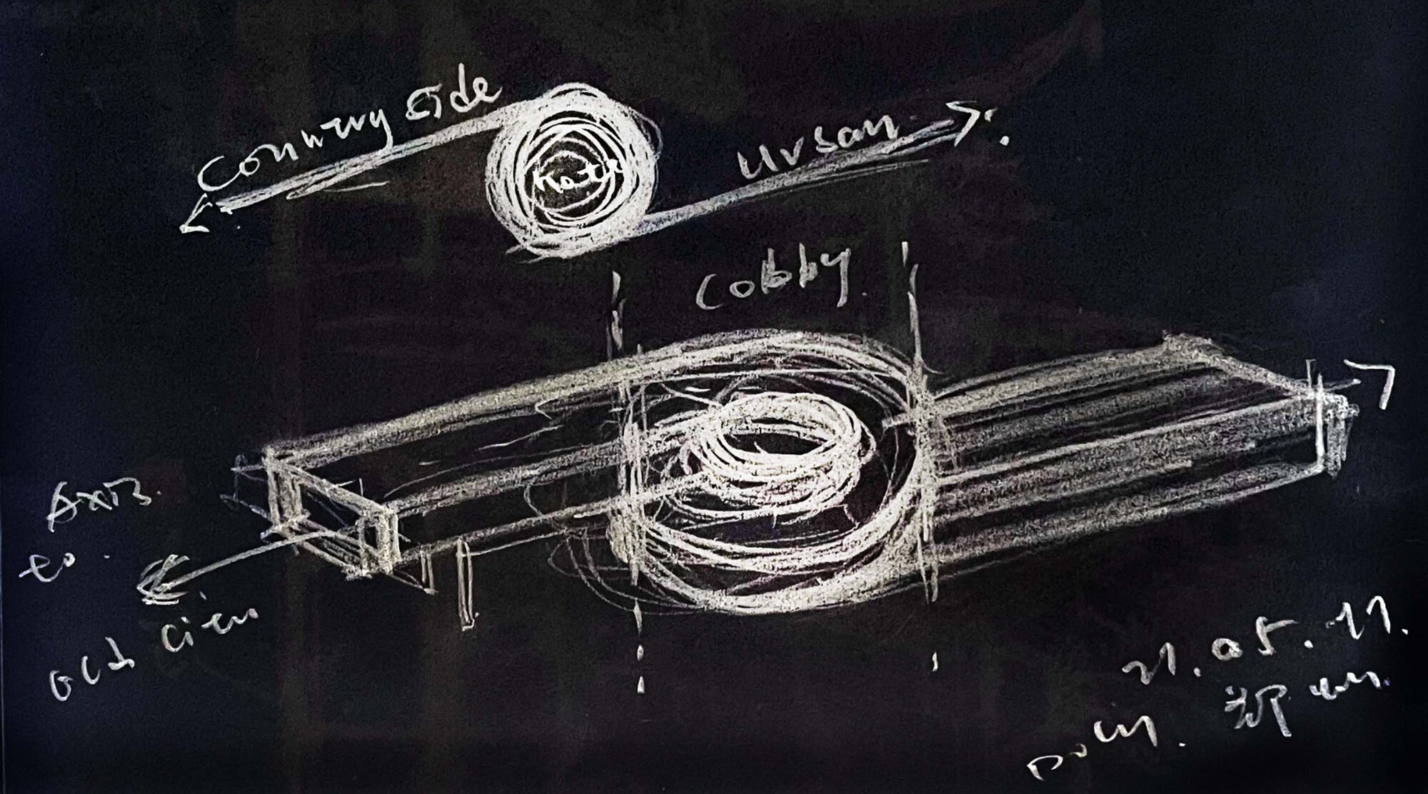 Chalk sketch on black background depicting a double spiral form with annotated dimensions