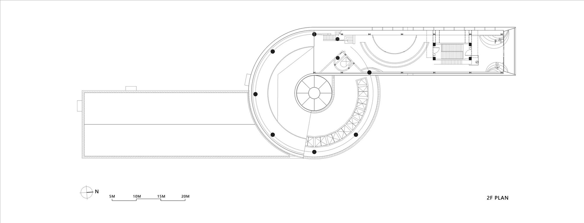 Second floor plan showing double-height circular space with central stair and perimeter seating