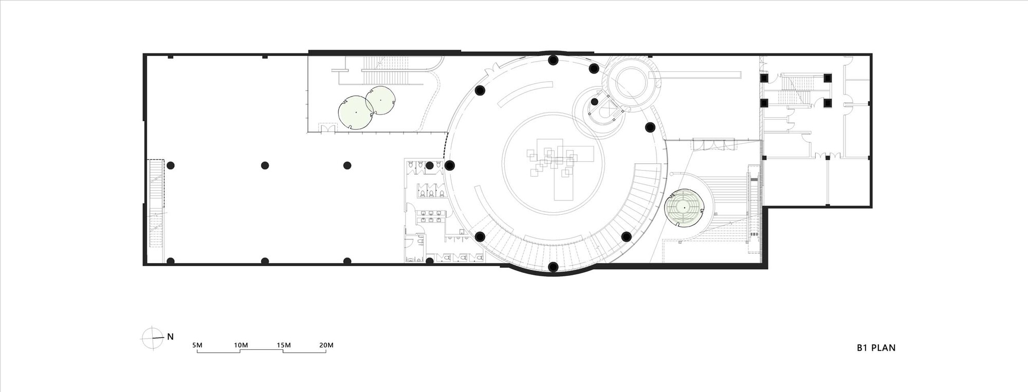 Basement plan showing circular gathering space with central element and surrounding column grid