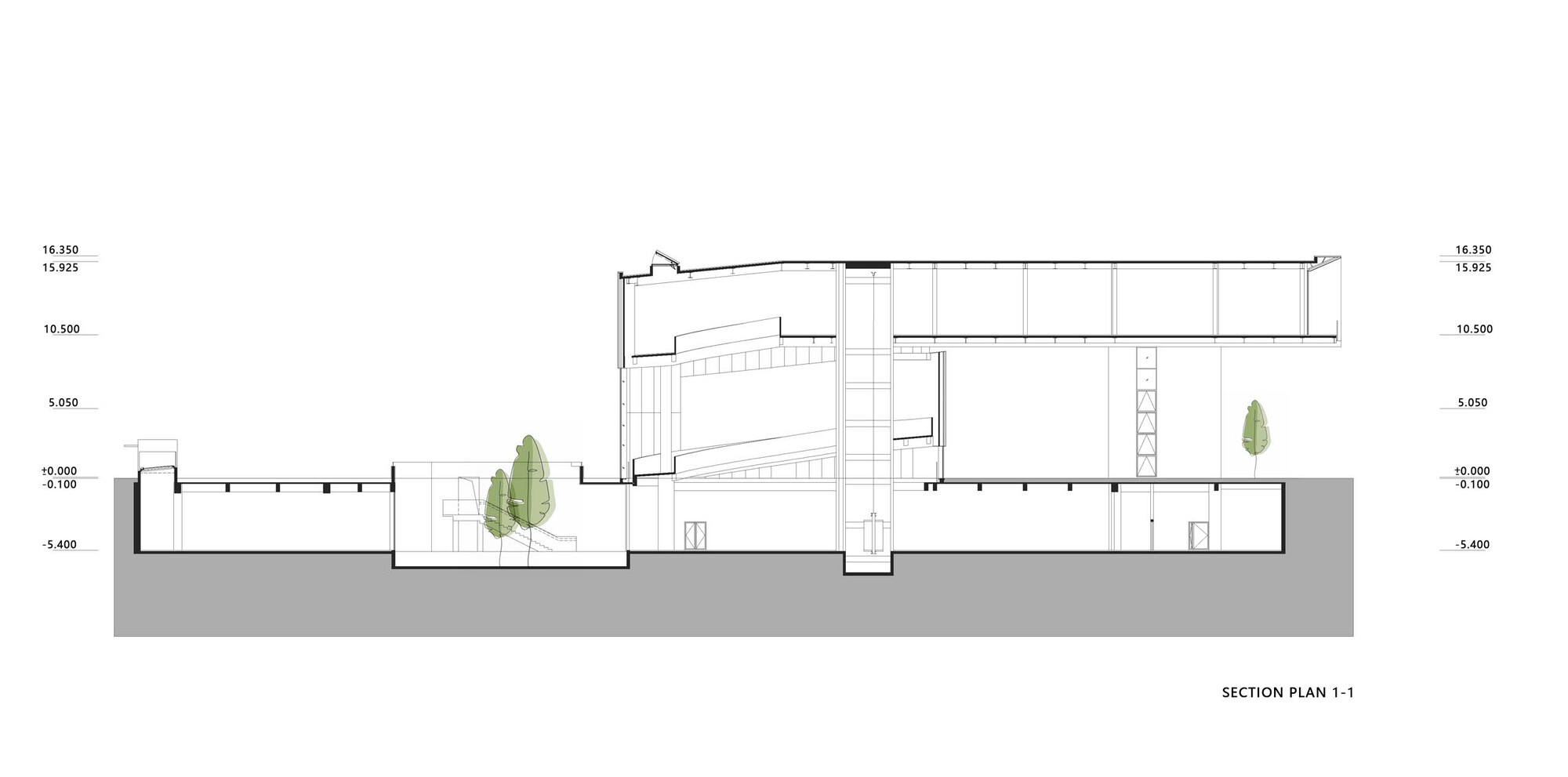 Section drawing showing split-level volumes with internal courtyard trees and sloped roof elements