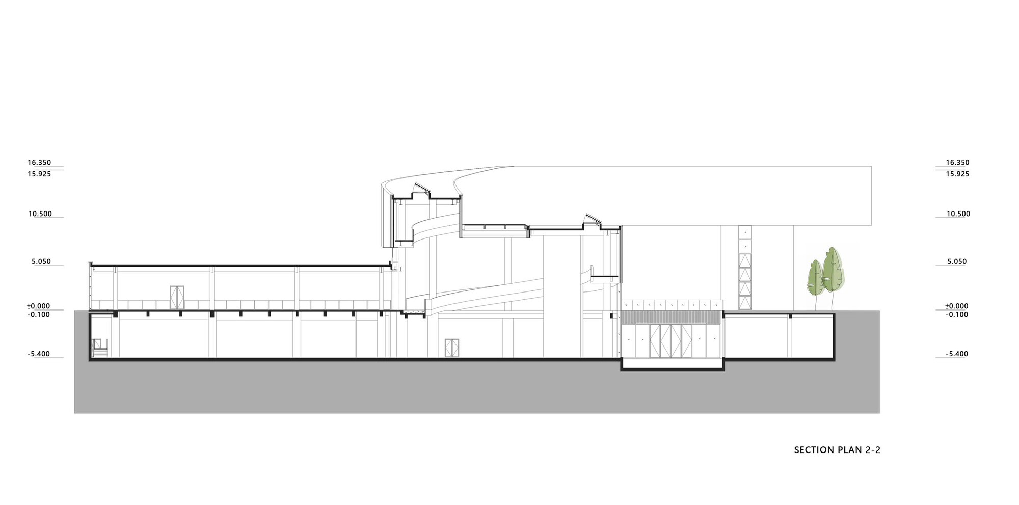Section drawing revealing terraced interior spaces with clerestory glazing and planted courtyard at grade