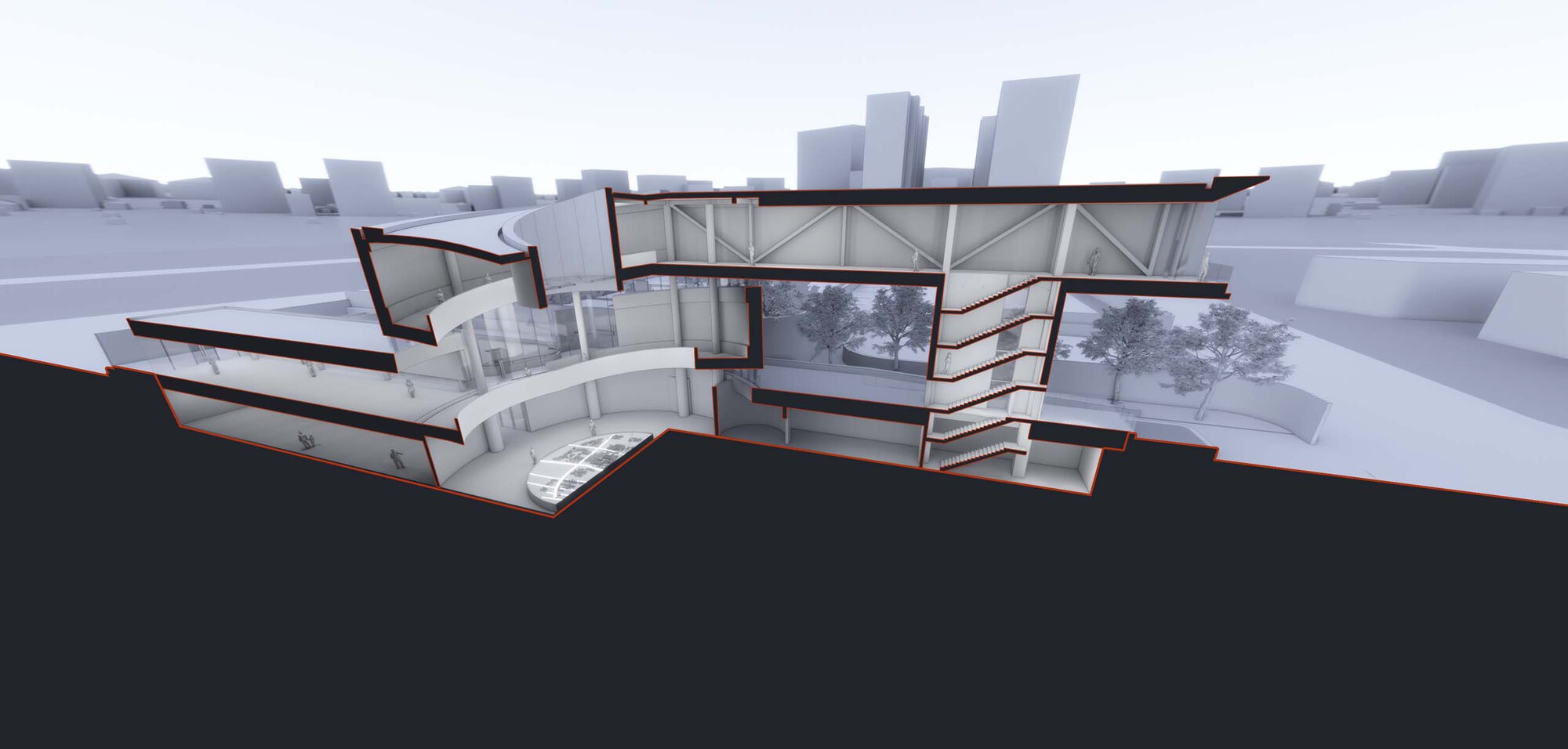 Cutaway axonometric rendering exposing the terraced interior floors and diagonal structural truss overhead