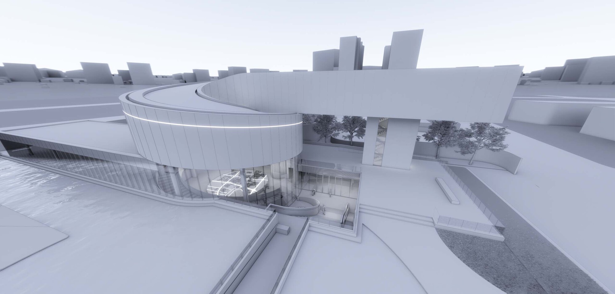 Aerial perspective rendering of the curved entry facade and tiered roof planes within urban context
