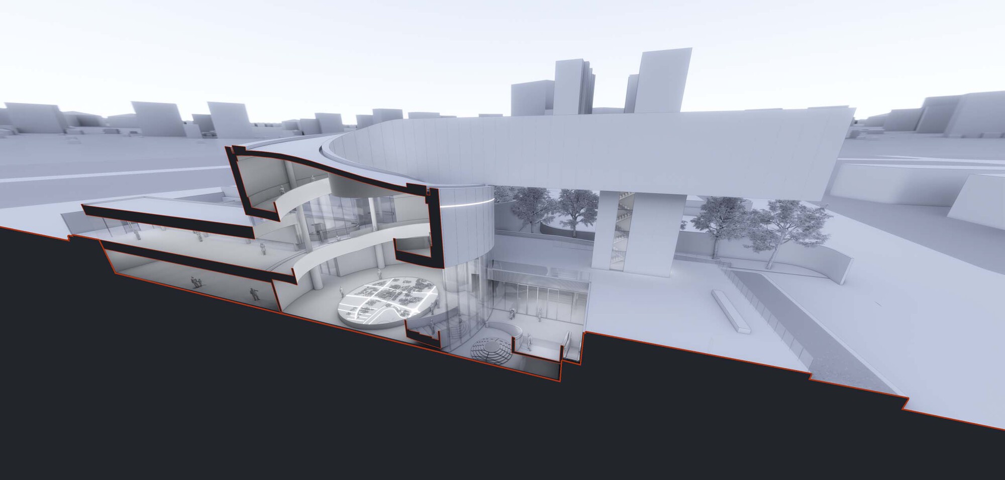 Cutaway axonometric rendering showing the cantilevered roof and terraced interior with planted courtyard below