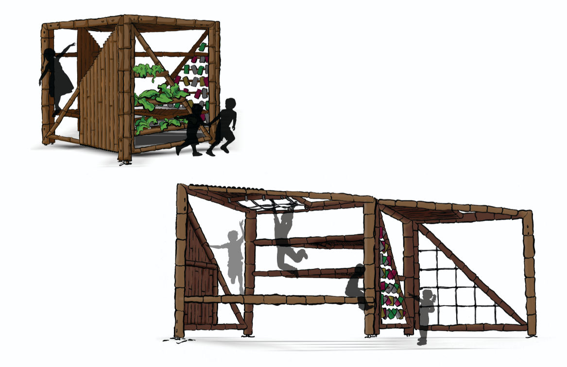Bamboo play modules combine climbing, planting, screening, and shelter within a flexible child-focused structure.