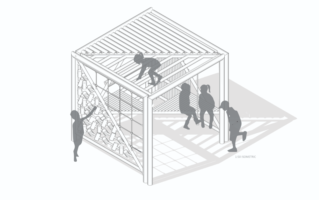 Isometric view of the compact bamboo module integrating climbing, sensory play, seating, and shaded activity zones.