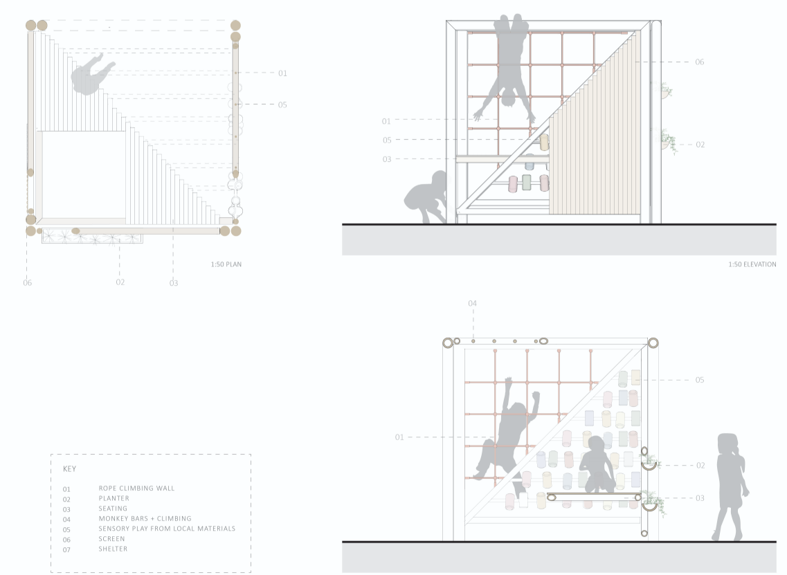 Plan, elevation, and section reveal how multiple play functions are organized within the modular bamboo framework.