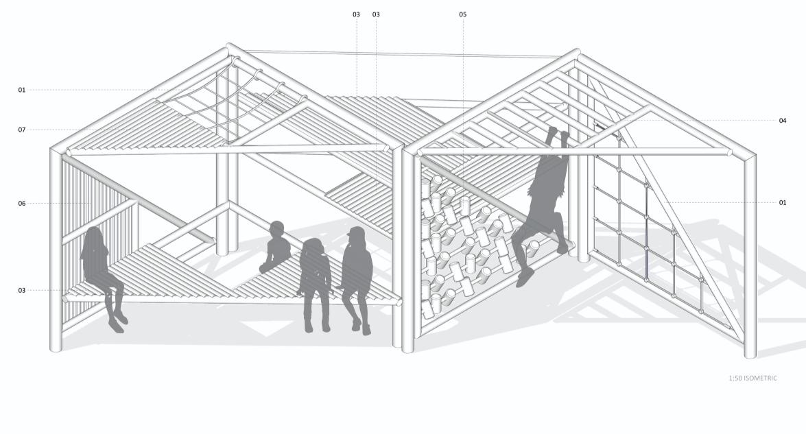 Connected playground modules create varied spaces for climbing, gathering, sensory exploration, and sheltered play.