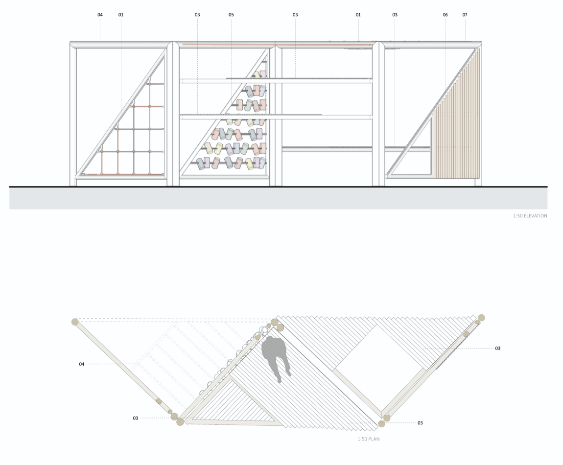 Elevation and plan illustrate the expandable modular system, integrating screens, climbing elements, seating, and flexible roof structures.