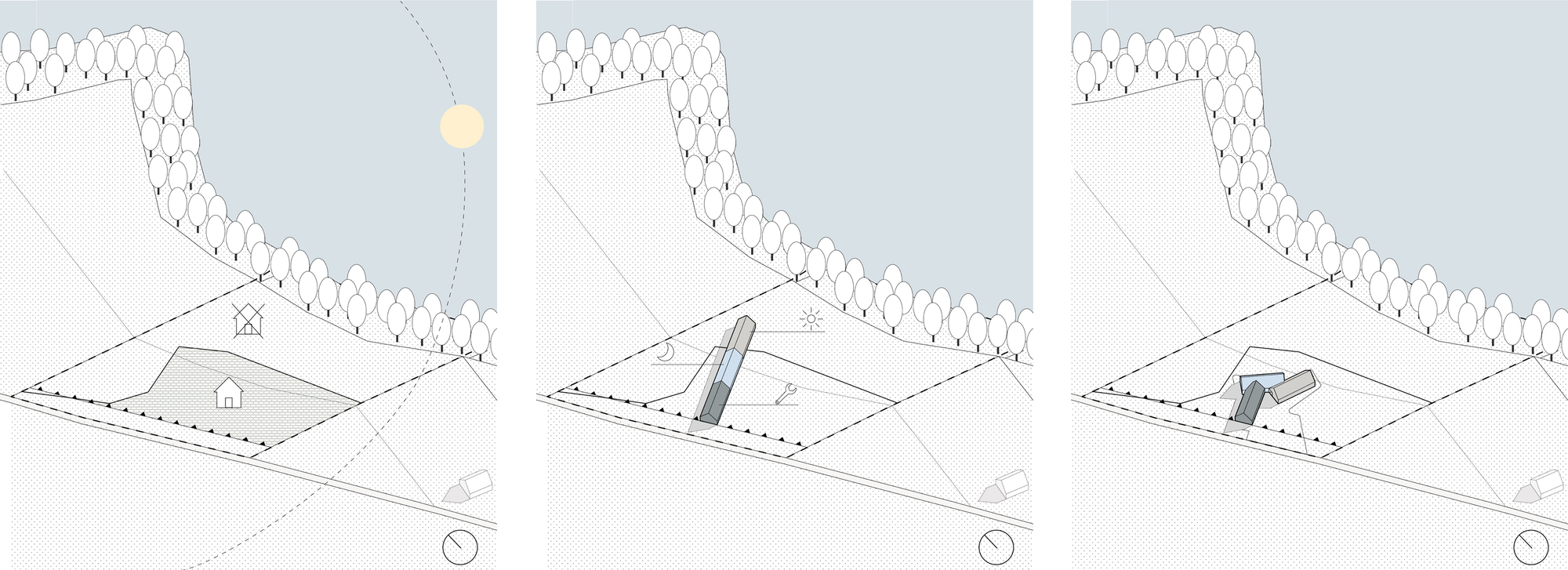 Three axonometric diagrams showing roof configurations with tree line above a sloped site