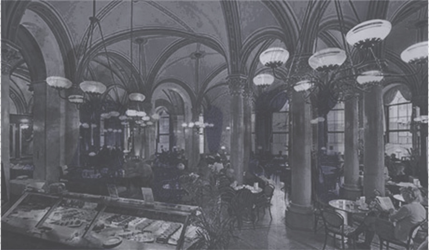 Historic café interior highlighting the architectural richness and social character of traditional coffee house culture.