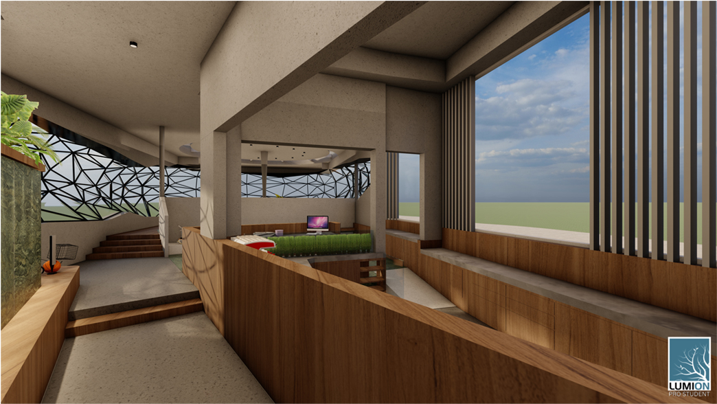 Timber-lined circulation and lounge spaces connect the interior program with open views, daylight, and informal social interaction.