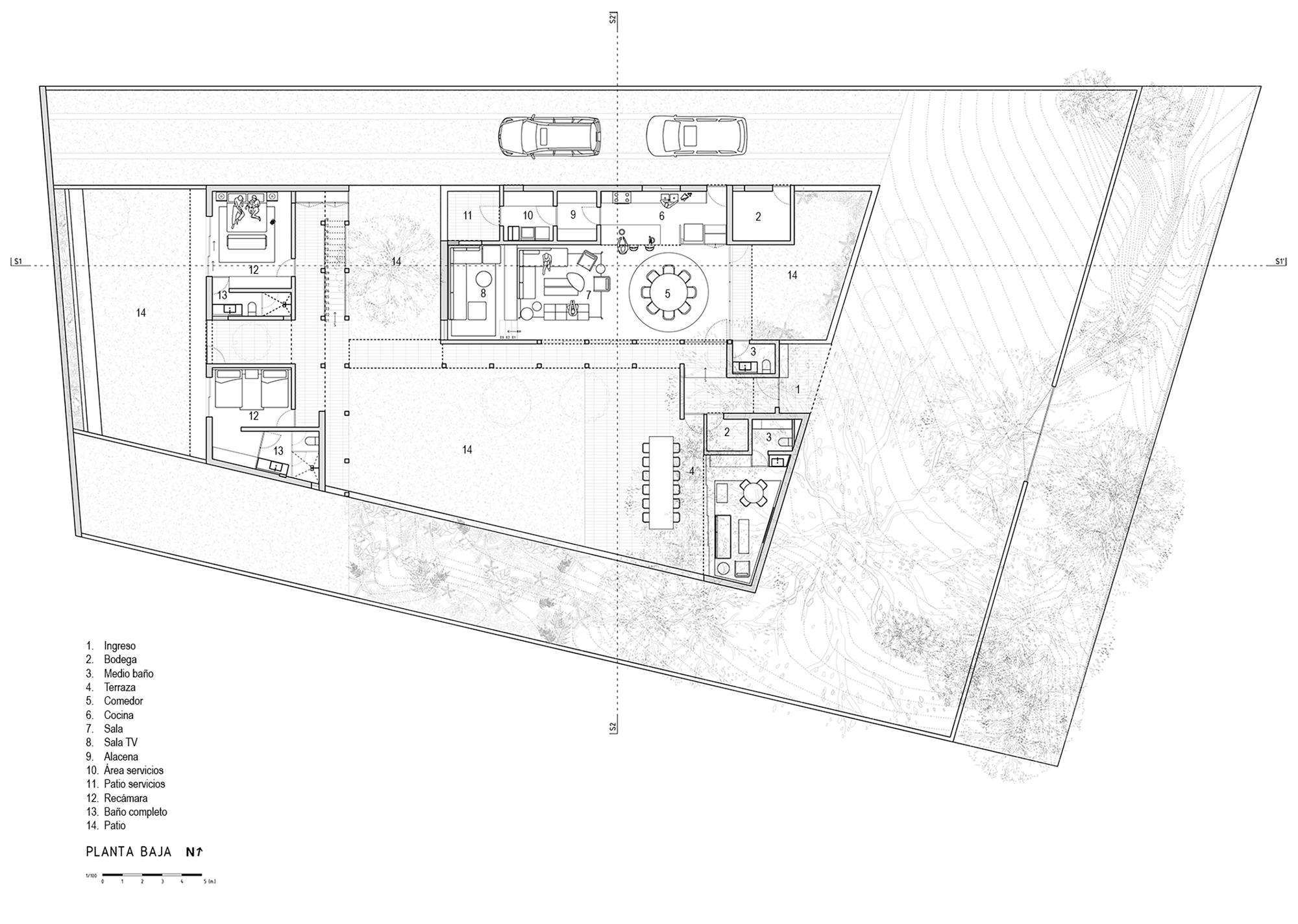Ground floor plan drawing showing room layout on trapezoidal site with carport and vegetation