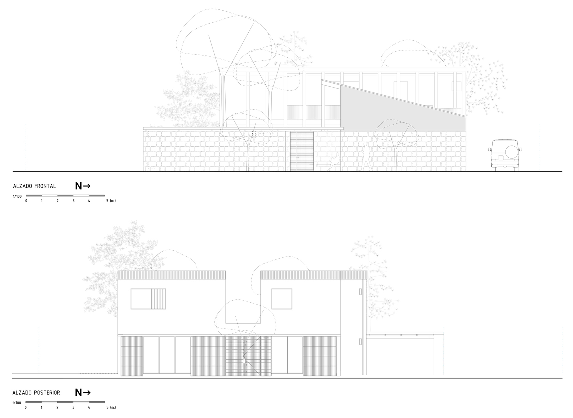Front and rear elevation drawings showing block wall base and glazed upper volume with trees