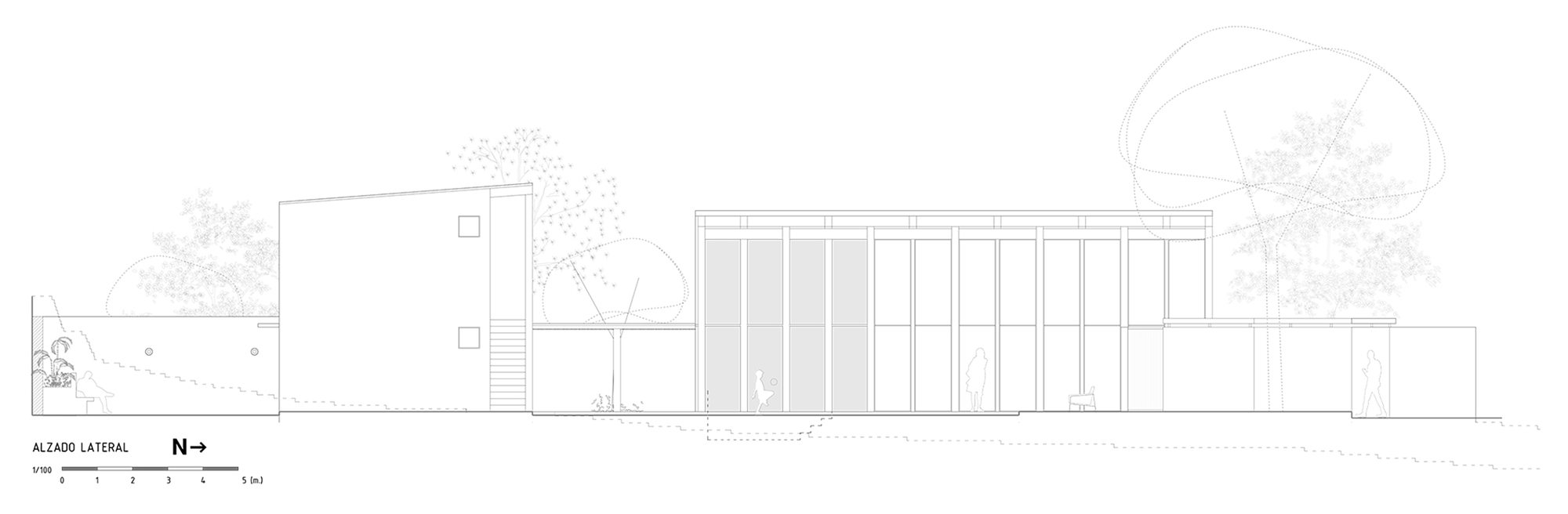 Side elevation drawing depicting the glazed facade with vertical fenestration and adjacent landscape