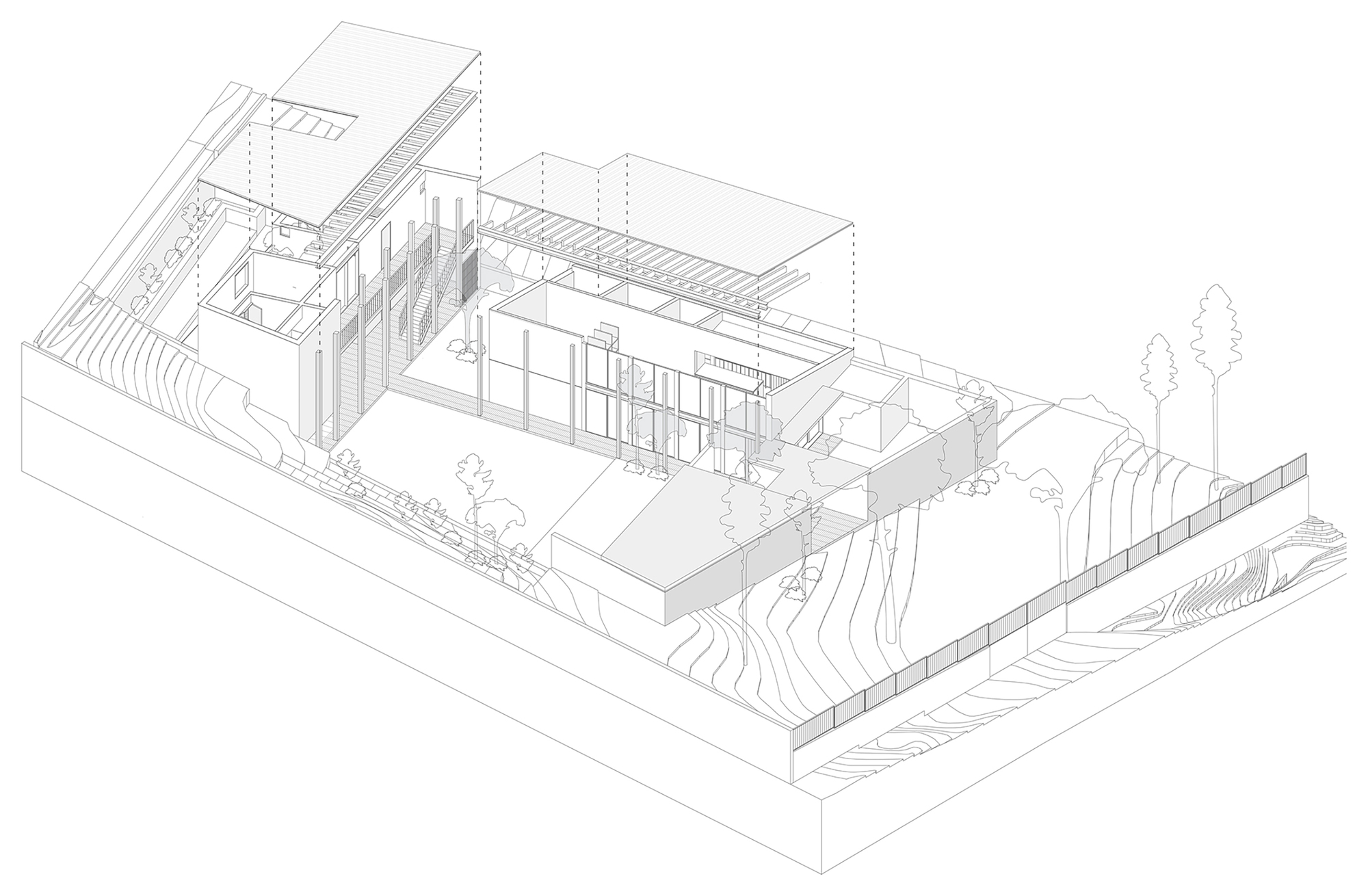 Axonometric drawing showing the building volumes with terraced landscaping and courtyard spaces