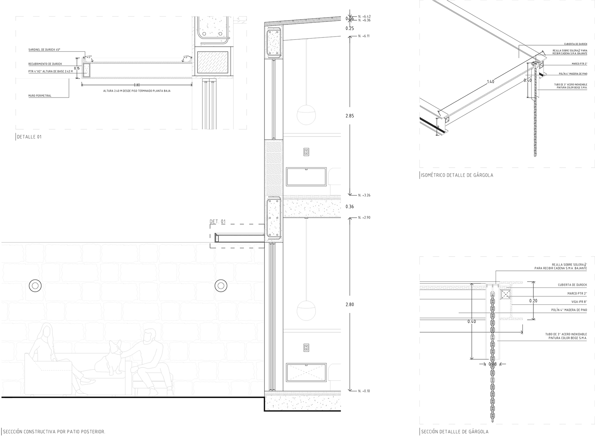Wall section detail drawings showing floor levels, column connections, and construction assembly with material annotations