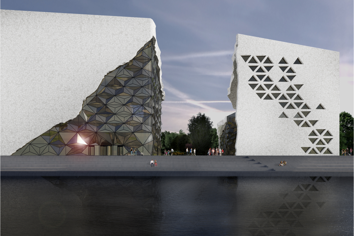 Rendering of two white facades with geometric cutouts and triangular glazing along a waterfront plaza at dusk