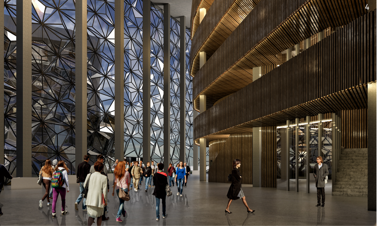 Interior lobby with faceted glass curtain wall and timber slatted ceiling above visitors on a polished floor