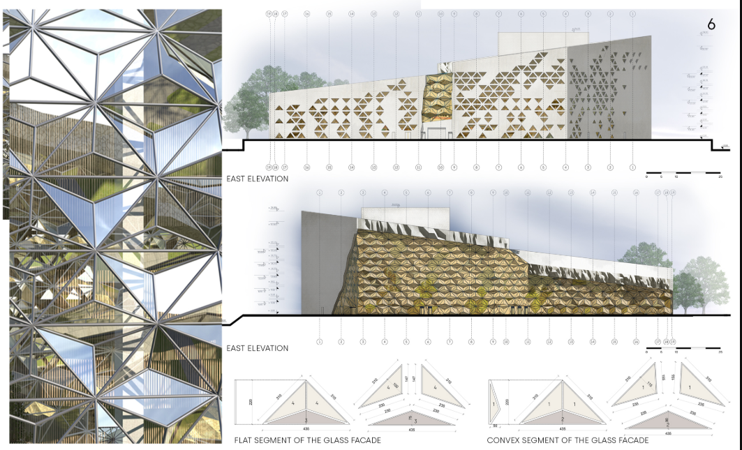 Elevation drawings and facade detail diagrams showing triangular glass panels and vegetated terraces