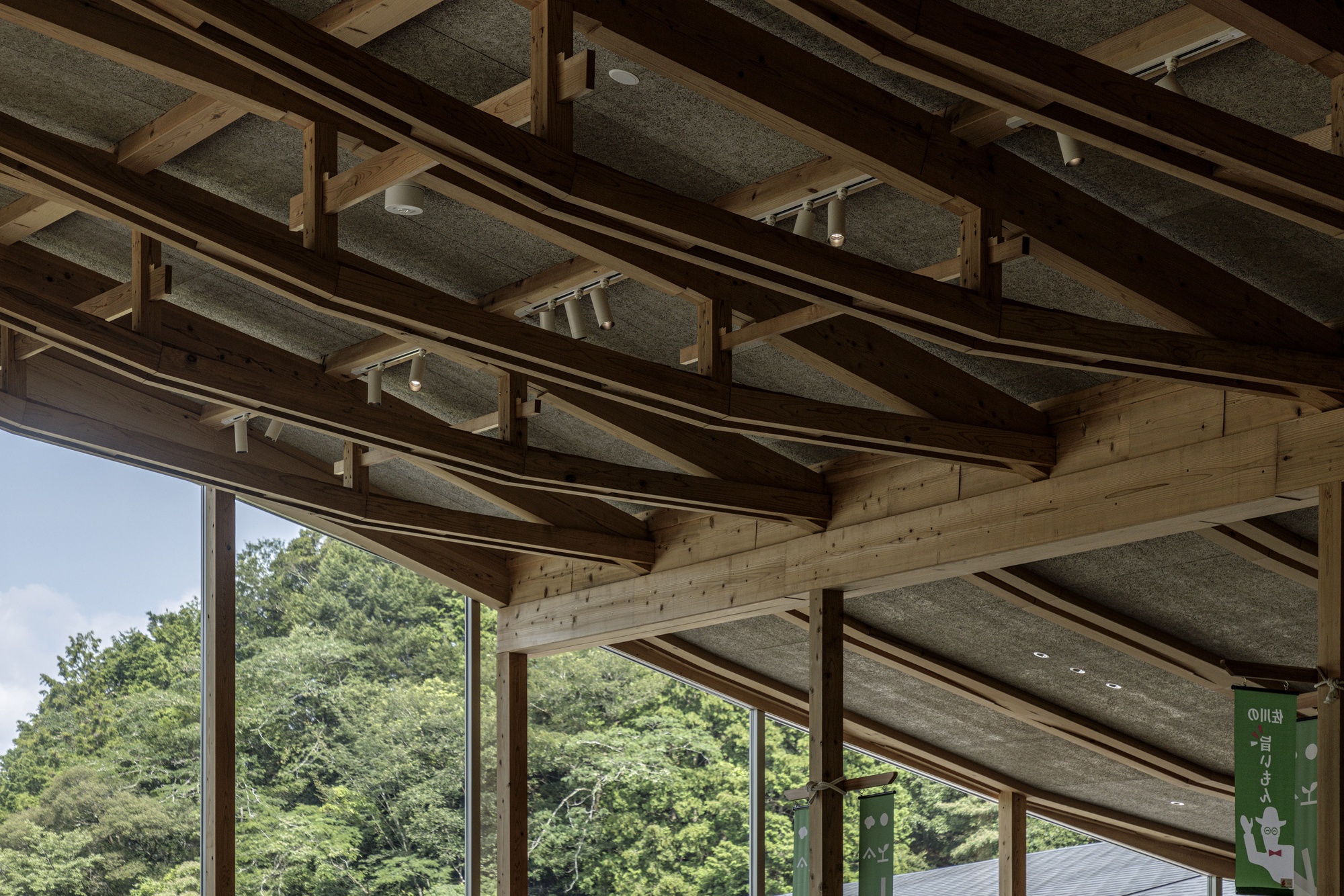Interior view of exposed timber roof beams and insulated ceiling panels above glazed walls facing the forest