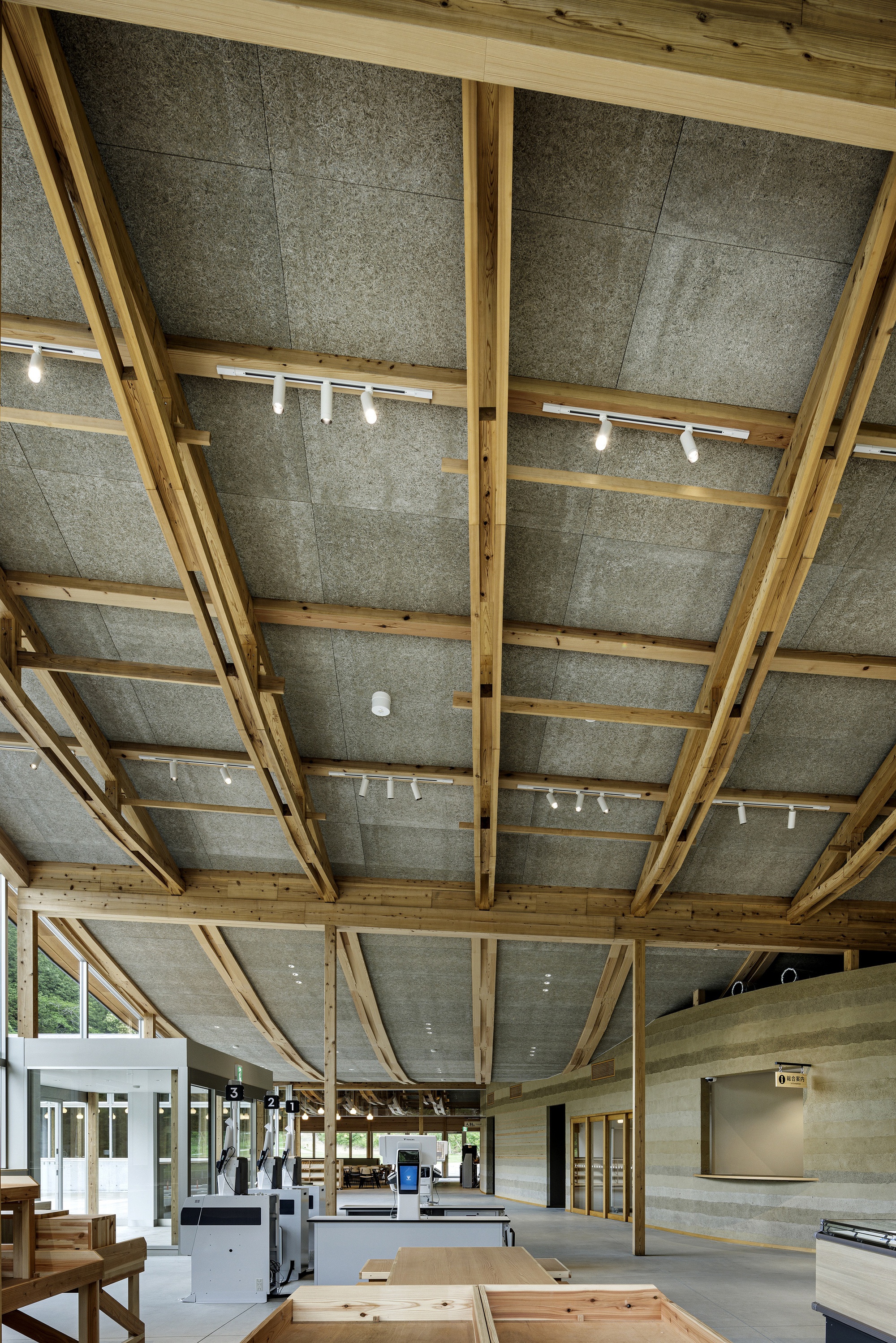 Upward view of curved timber roof beams supporting hempcrete panels and track lighting