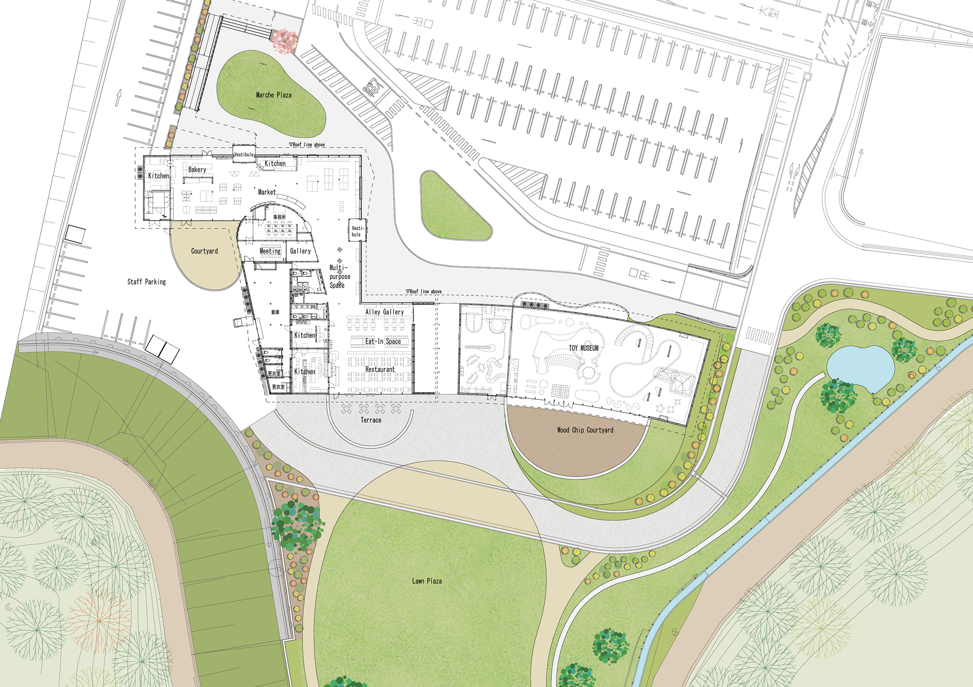 Site plan drawing showing the building footprint with parking areas and surrounding landscape zones with trees and ponds