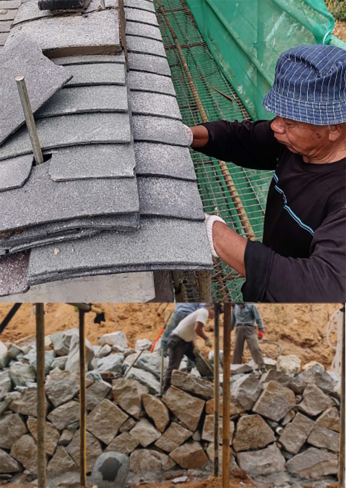 Construction photographs showing curved roof tile installation and stone foundation work in progress