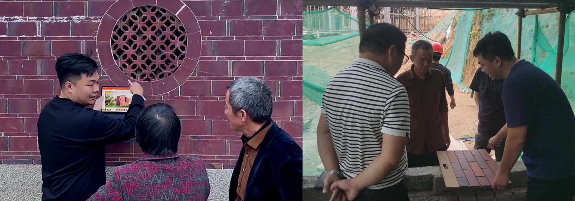 Detail photographs of decorative lattice window and workers examining brick samples during construction