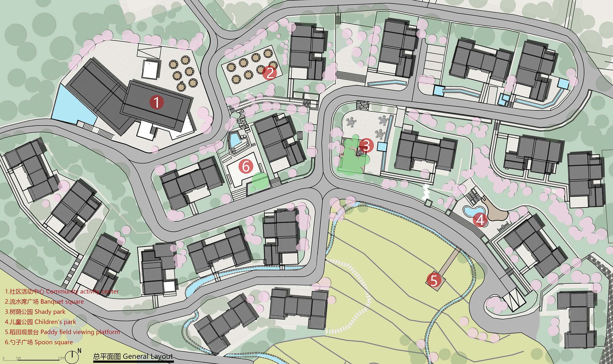 Site plan drawing showing buildings clustered around a central sports field and network of curving roads