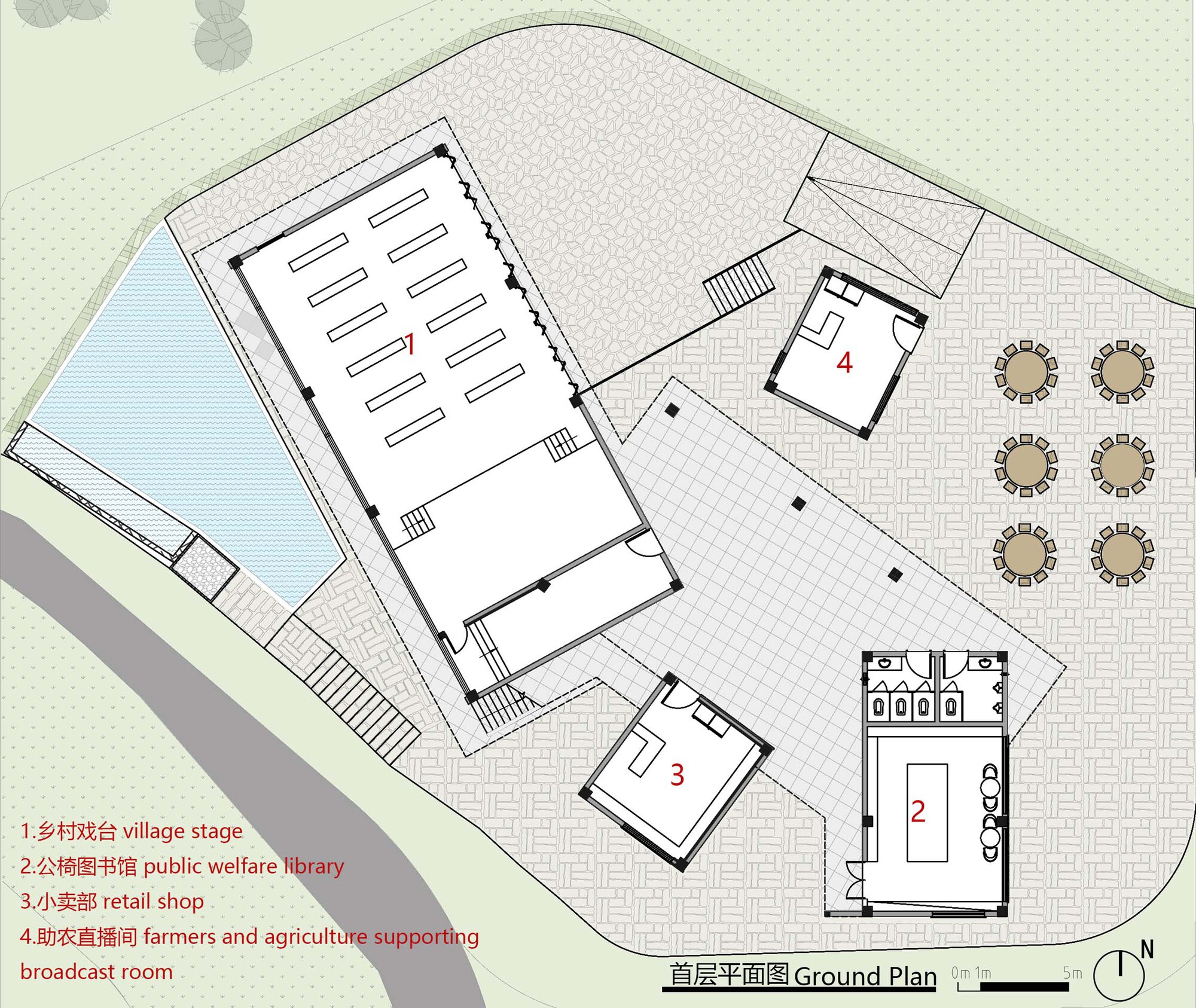 Ground floor plan drawing depicting a community center with library, courtyard and outdoor seating area