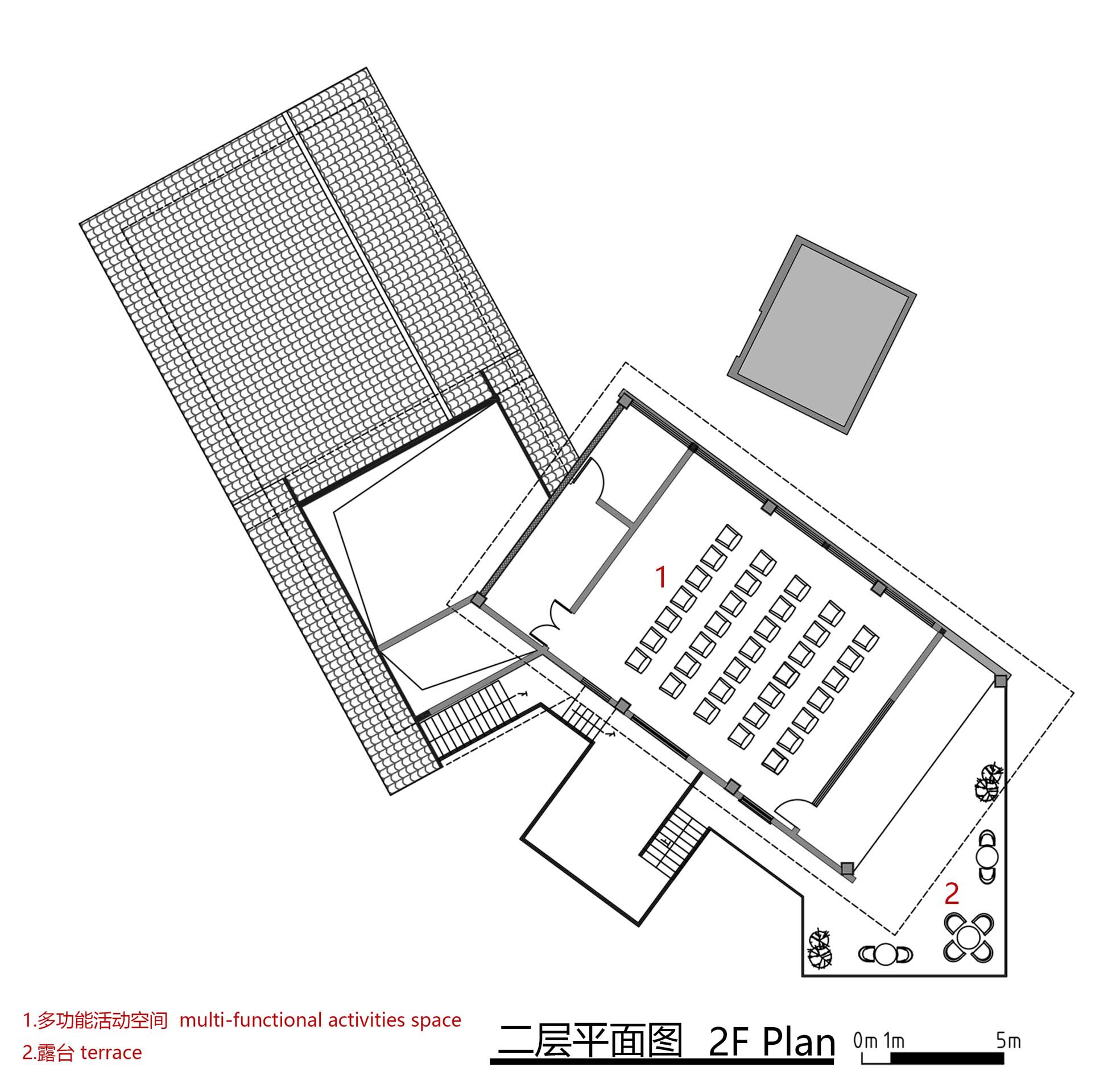 Second floor plan drawing showing a multi-functional hall with rows of seating and an outdoor terrace