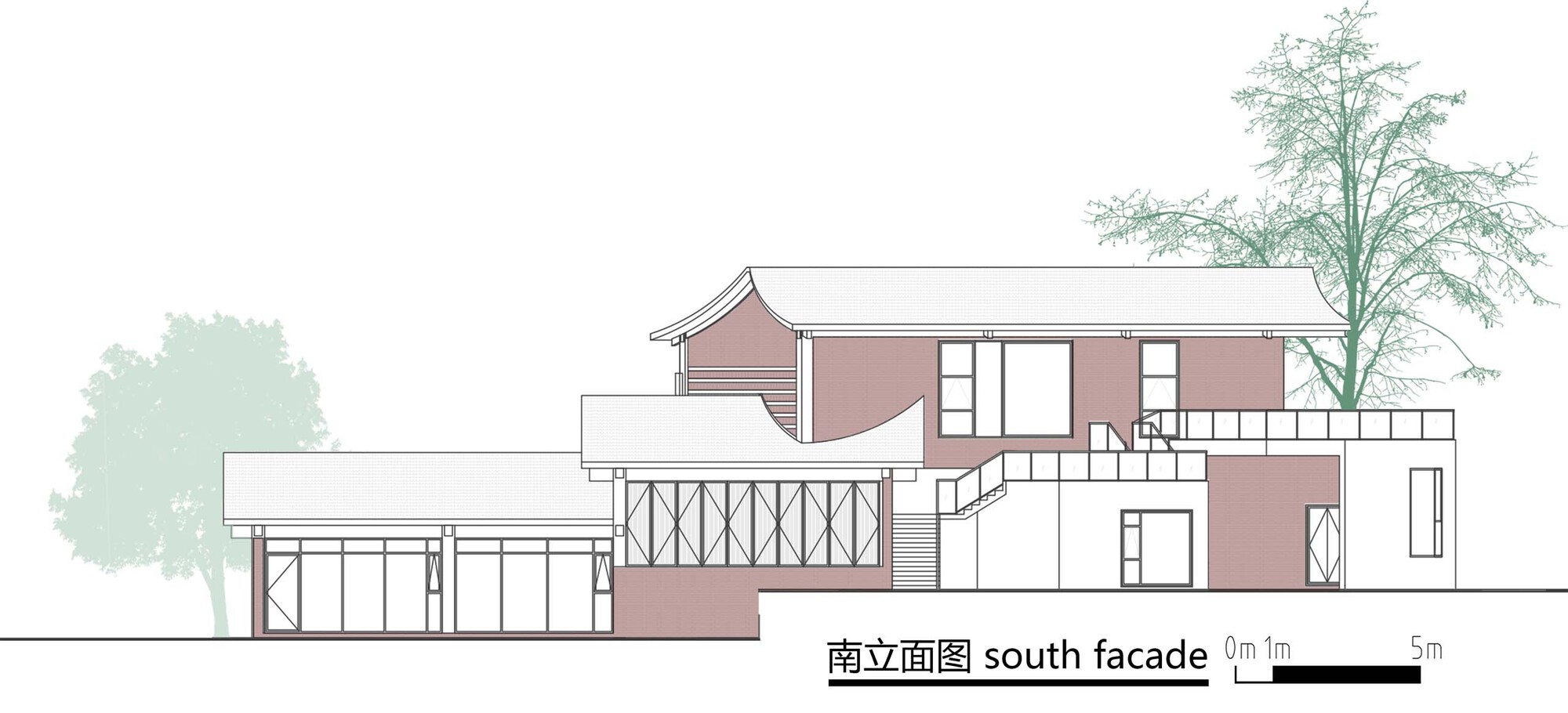 South elevation drawing showing a two-story building with stepped rooflines and a tree adjacent to the facade