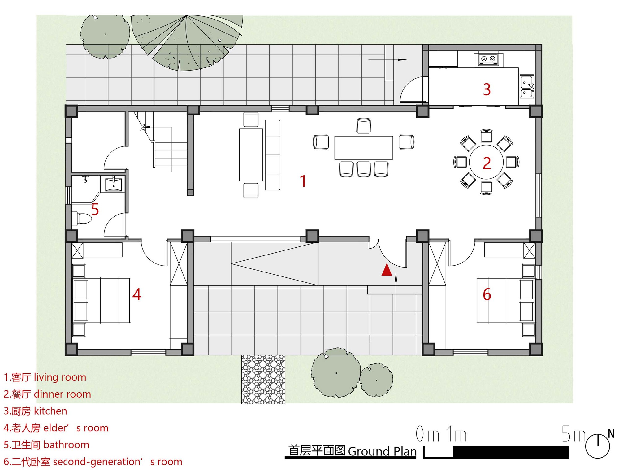 Ground floor plan drawing of a residence with living areas, dining room and central courtyard space