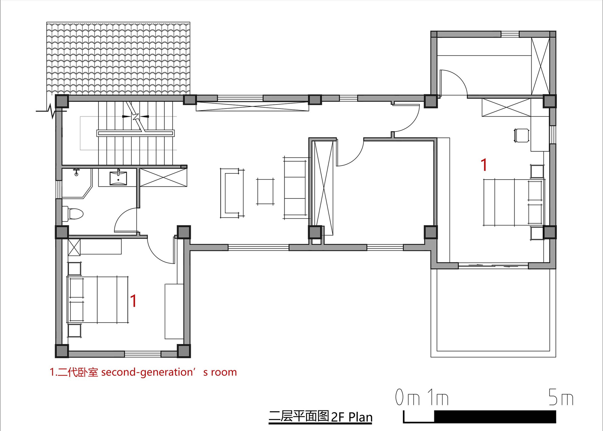 Second floor plan drawing showing bedrooms and a covered terrace with tile roof indicated above
