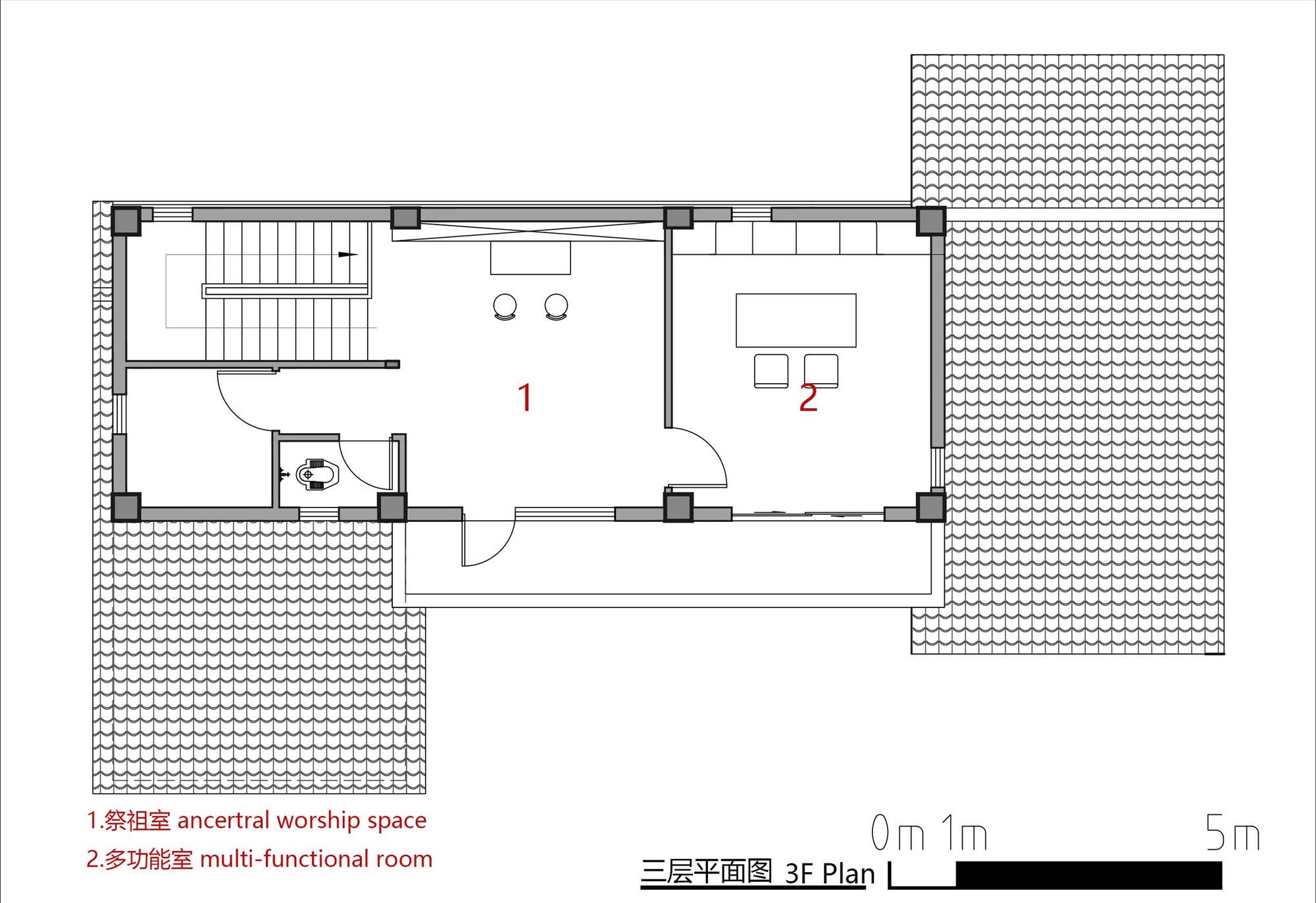 Third floor plan showing a staircase, bathroom and two rooms with patterned terrace areas